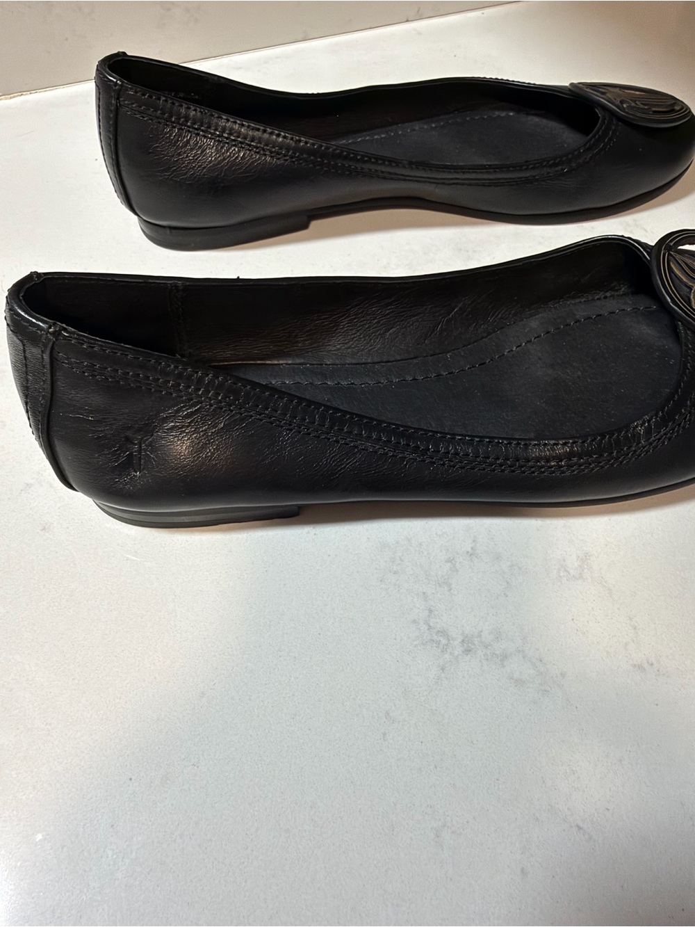 Frye Black Leather Logo Round-Toe Ballet Flats - Picture 3 of 7
